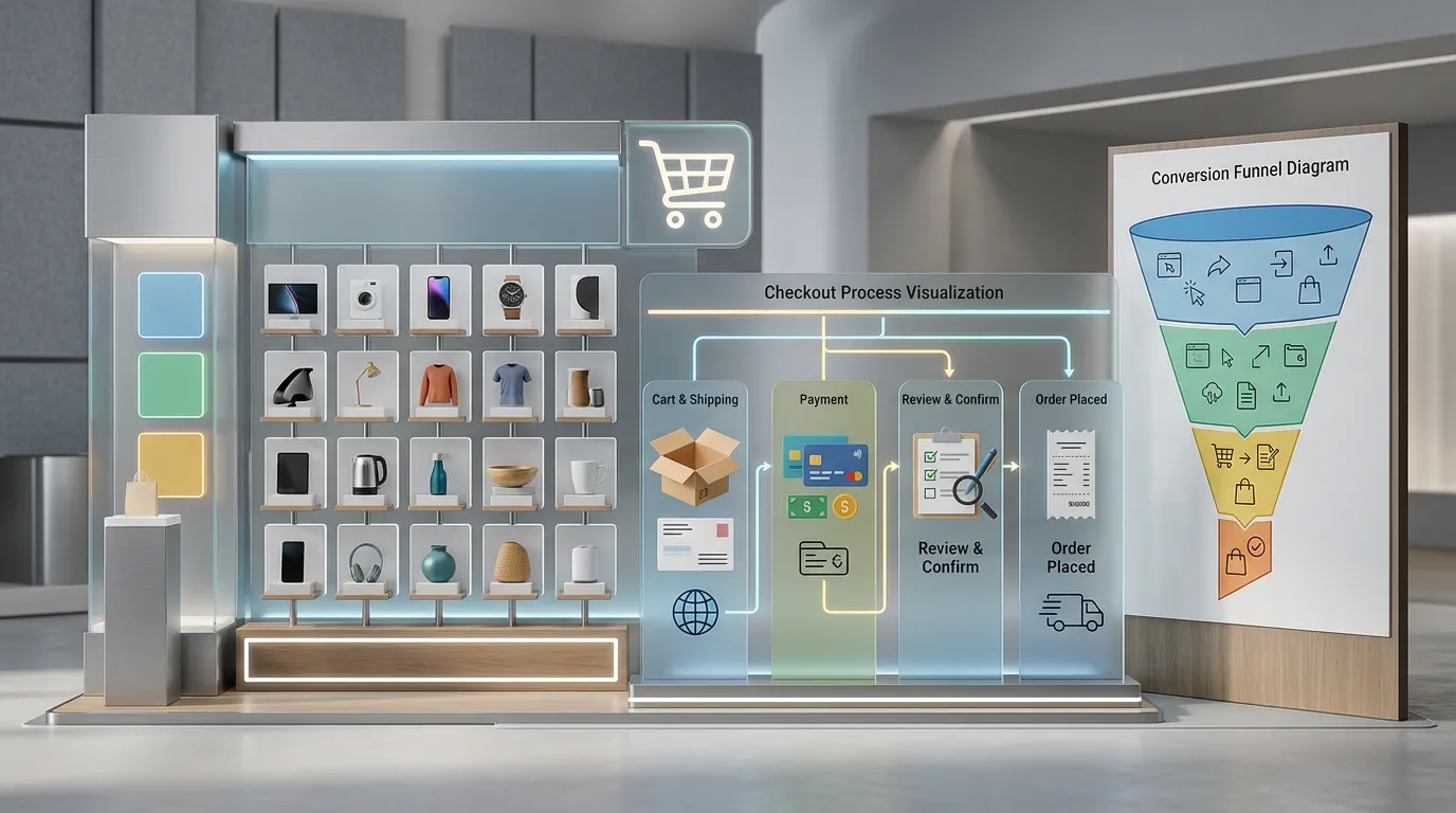 Ecommerce storefront with professional product layout, shopping cart icon, checkout process visualization, conversion funnel diagram