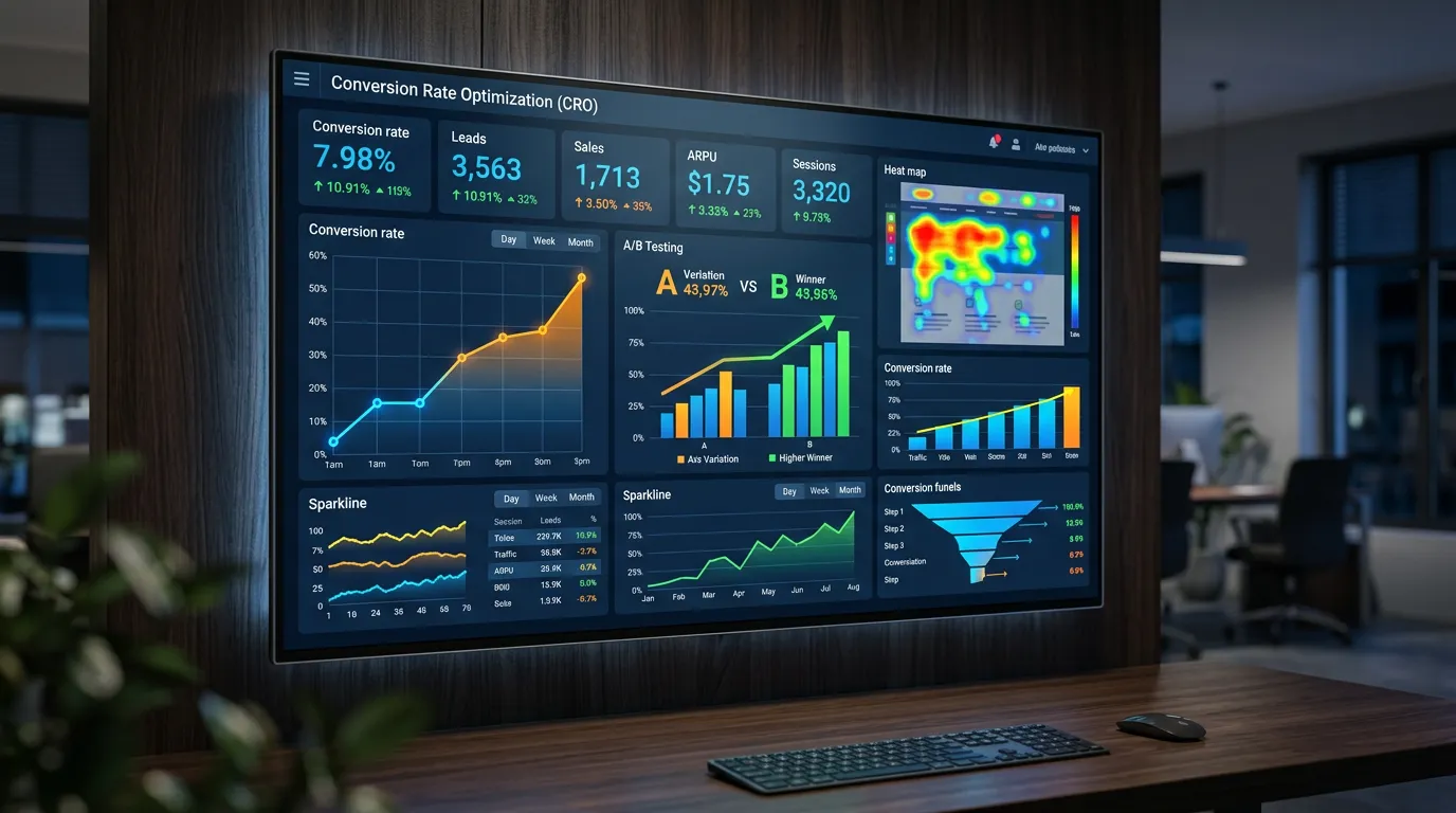 Conversion rate optimization dashboard with upward trending graphs, analytics metrics, AB testing visualization, heat maps