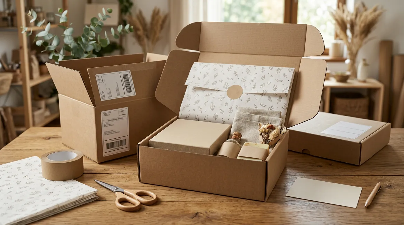 Branded ecommerce packaging and shipping boxes with branded tissue paper, unboxing experience setup, custom branded shipping materials