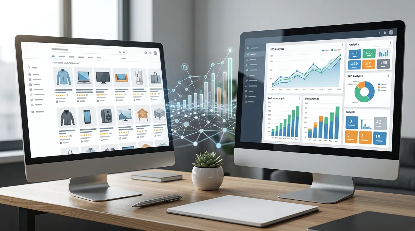 Search engine results page showing ecommerce products, SEO analytics dashboard with graphs and metrics, organic search visibility visualization